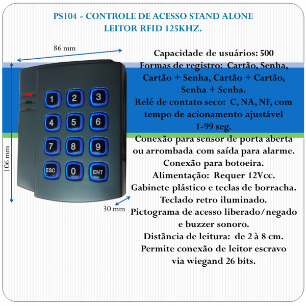 Controle de Acesso Stand Alone - RFID e Senha PS104