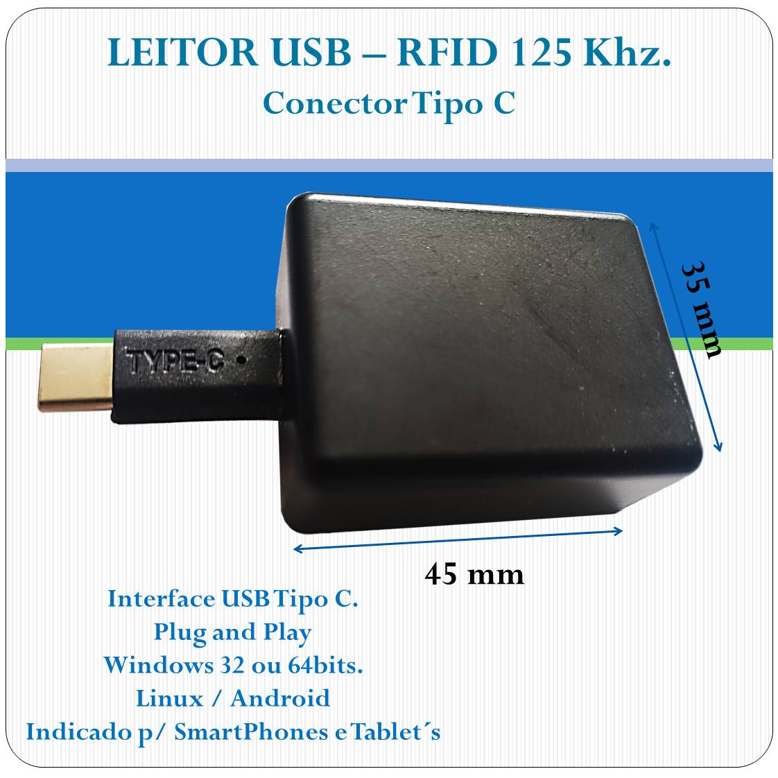 Mini Leitor RFID proximidade USB Tipo C - 125Khz Mini Leitor RFID proximidade USB Tipo C - 125Khz